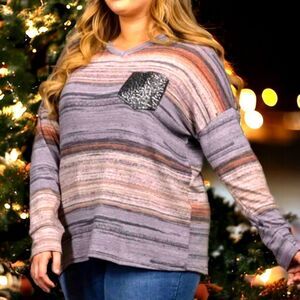 NEW CREPAS Plus Size Super Soft Multi-Color Sequin Long Sleeve V- Neck Top